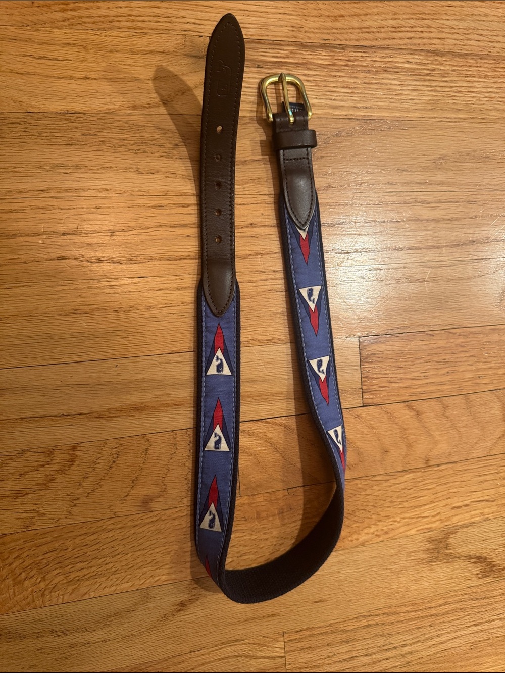 Vineyard Vines Kids Blue Belt with Red and White Pennant Motif and Brown Leather